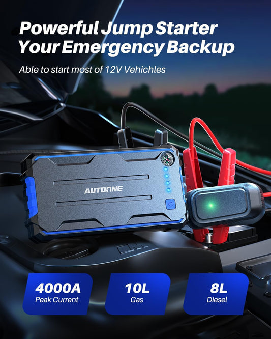 AUTOONE 6000A Car Battery Jump Starter Up to All Gas & 12L Diesel Engine, Car Battery Jumper Starter Portable 12V Jump Box with USB Output, Storage Case, LED Flashlight