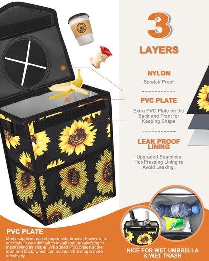 Pritent Car Trash Can with Lid, Cute Leakproof Car Trash Garbage Bag Hanging Vehicle Trash Bin Small Portable Automotive Garbage Cans Organizer for Back/Front Seat/Console(Trapezoid,Black)