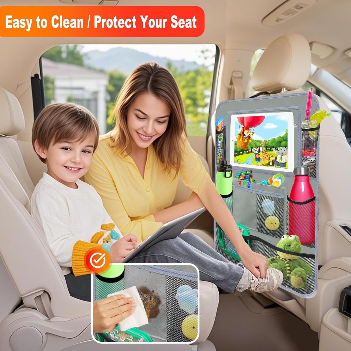 2Pack Car Backseat Organizer with Foldable Table Tray,6 Storage Pockets Car Storage Organizer with Tablet Holder,Car Seat Back Protectors Kick Mats Travel Accessories (Black)