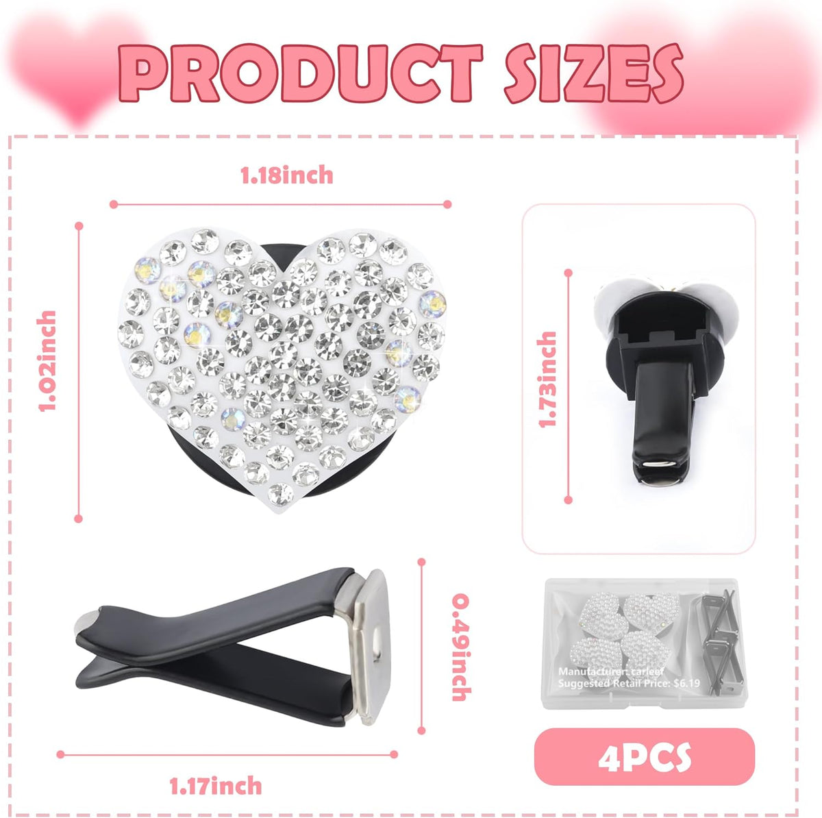 4PCS Heart-Shaped Car Vent Clips with Rhinestone,Bling Air Vent Clips Car Decorations,Premium Shiny Car Clips for Vents CCar Accessories Interior for Cars,Trucks,SUVs (Pink)