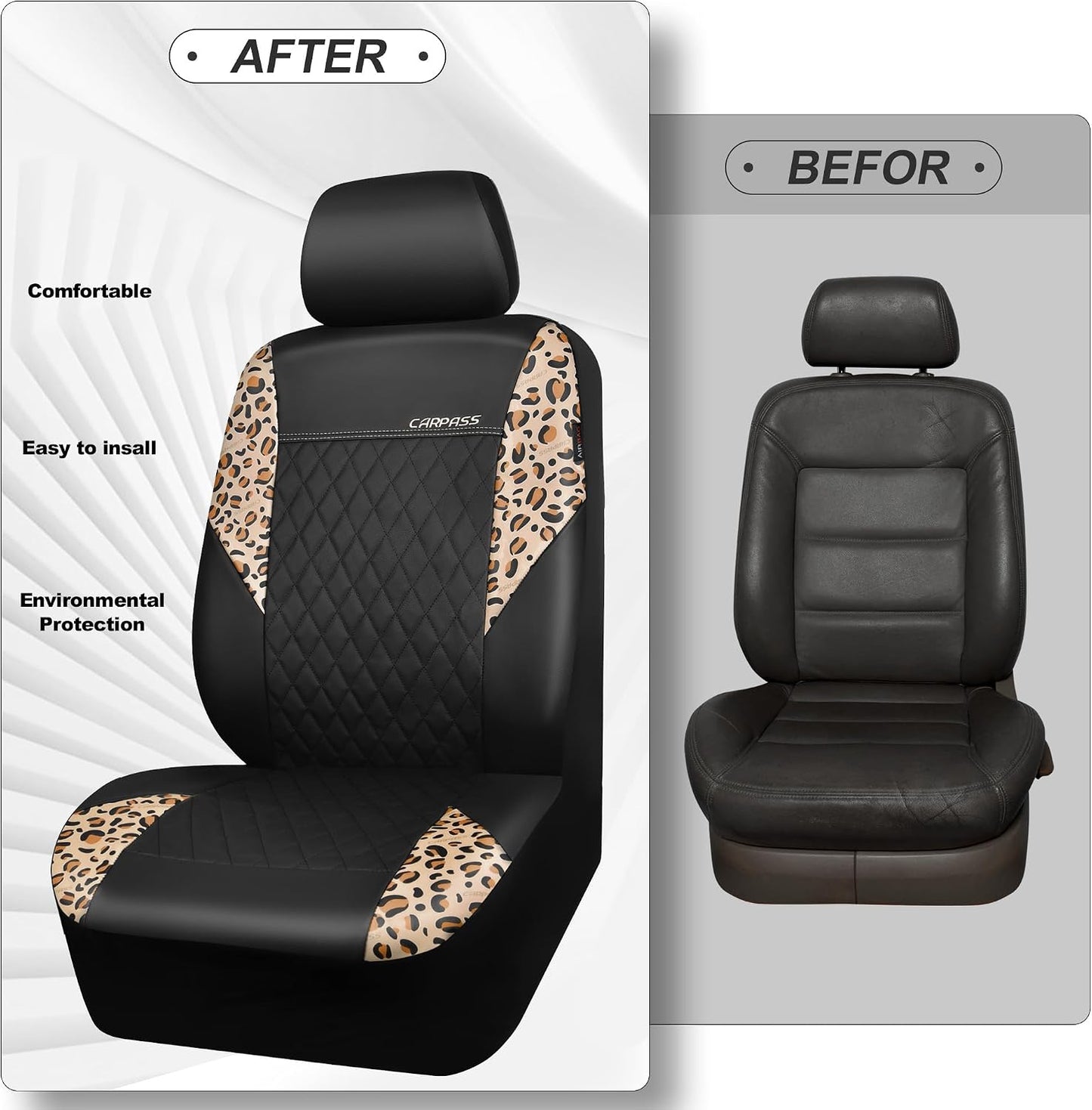 CAR PASS Waterproof Universal Car Floor Mats, Leopard Print Car Mats Fit for SUV,Vans,sedans, Trucks,Set of 4pcs Car Carpet with Driver Heel Pad and Nibs Backing, Leopard Car Accessories Gray Leopard