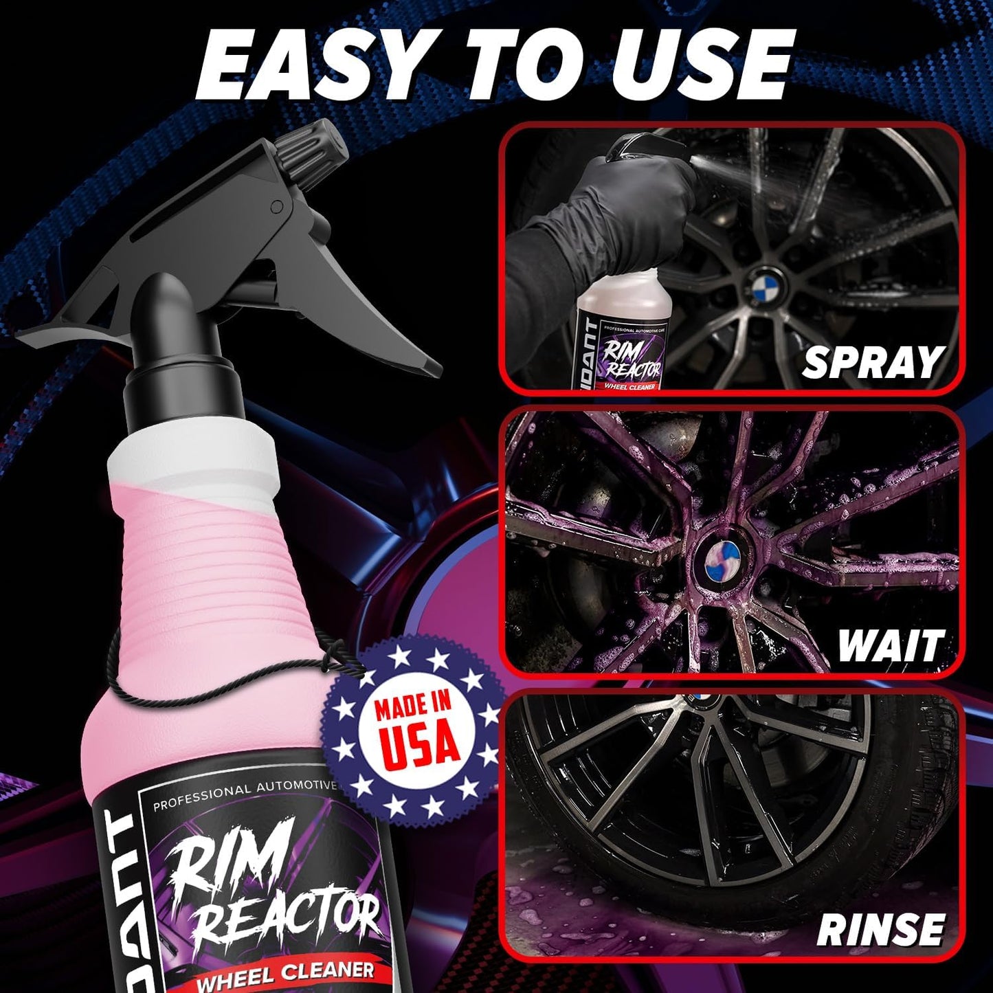 Carfidant Rim Reactor Wheel Cleaner Spray – No Scrub Formula with Purple Iron Remover Reaction – Removes Brake Dust & Grime – Safe for All Wheels (Aluminum, Chrome, Black) – pH Neutral – 16oz