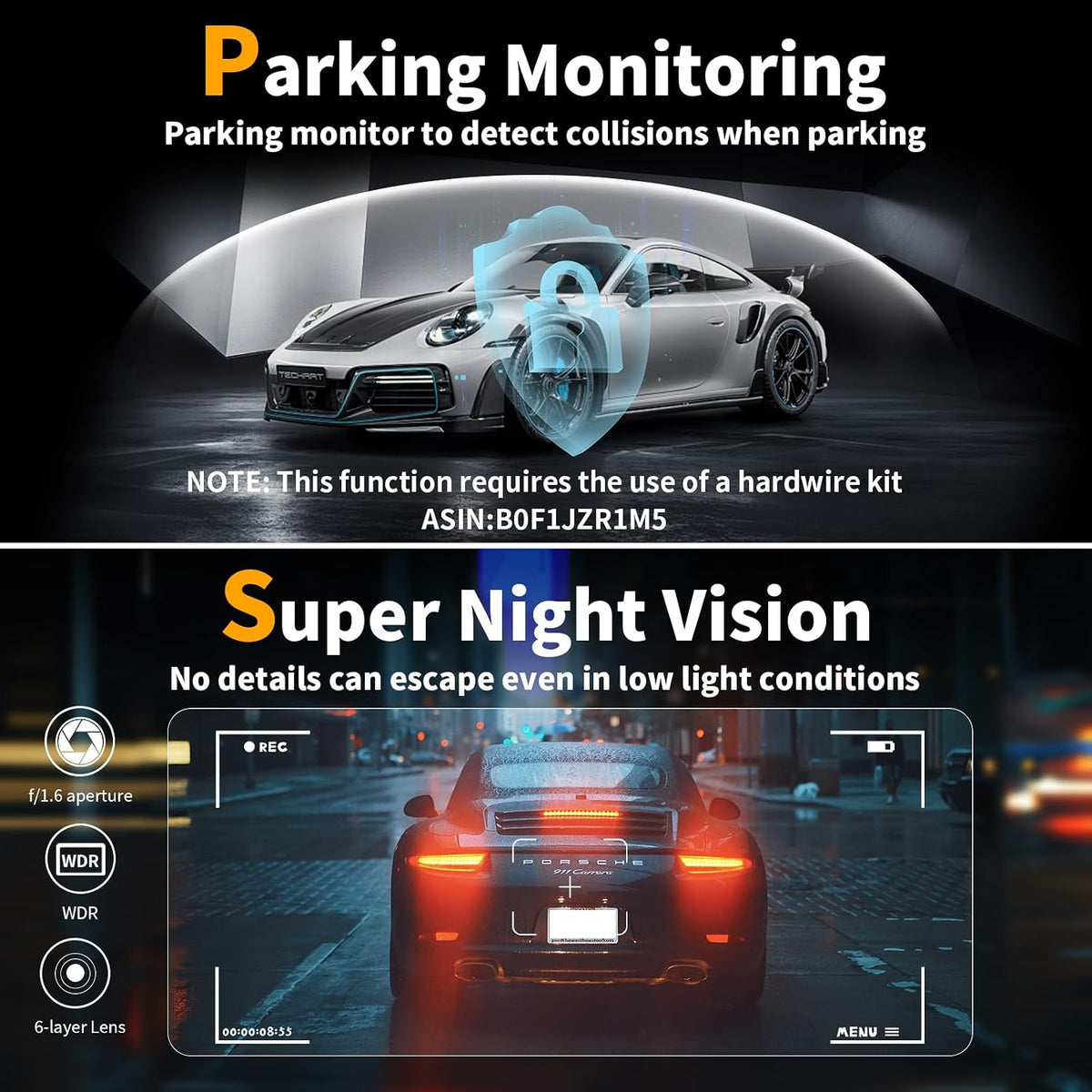 Dash Cam Front and Rear: 4K Dual Channel Dash Cam - 5GHz WiFi, Dash Camera for Cars with 64GB Card, 2" IPS, App Control, G-Sensor, Loop Recording, 170° Wide Angle, Night Vision, 24H Parking Mode