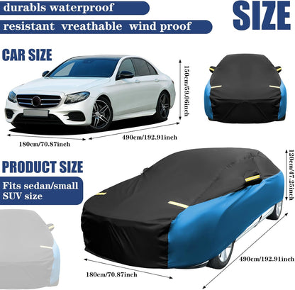 Riakrum Full Car Cover Waterproof All Weather for Automobiles Windproof Cover Rain UV Protection Sun Scratch Resistant Outdoor Universal(Fit Sedan Length (185-193'') 70'' H,Black, Orange)