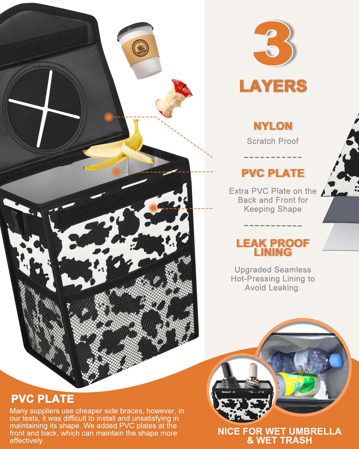 Pritent Car Trash Can with Lid, Cute Leakproof Car Trash Garbage Bag Hanging Vehicle Trash Bin Small Portable Automotive Garbage Cans Organizer for Back/Front Seat/Console(Trapezoid,Black)