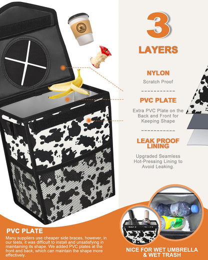 Pritent Car Trash Can with Lid, Cute Leakproof Car Trash Garbage Bag Hanging Vehicle Trash Bin Small Portable Automotive Garbage Cans Organizer for Back/Front Seat/Console(Trapezoid,Black)