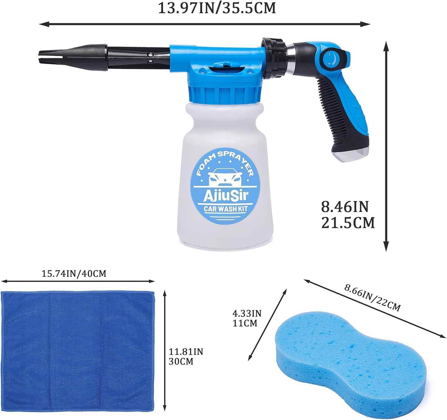 Foam Gun Car Wash Sprayer + Washing Sponge & Absorbent Towel, Hose Nozzle Foam Cannon Car Washing Kit, for Garden Cleaning, Pet Showering (Blue)