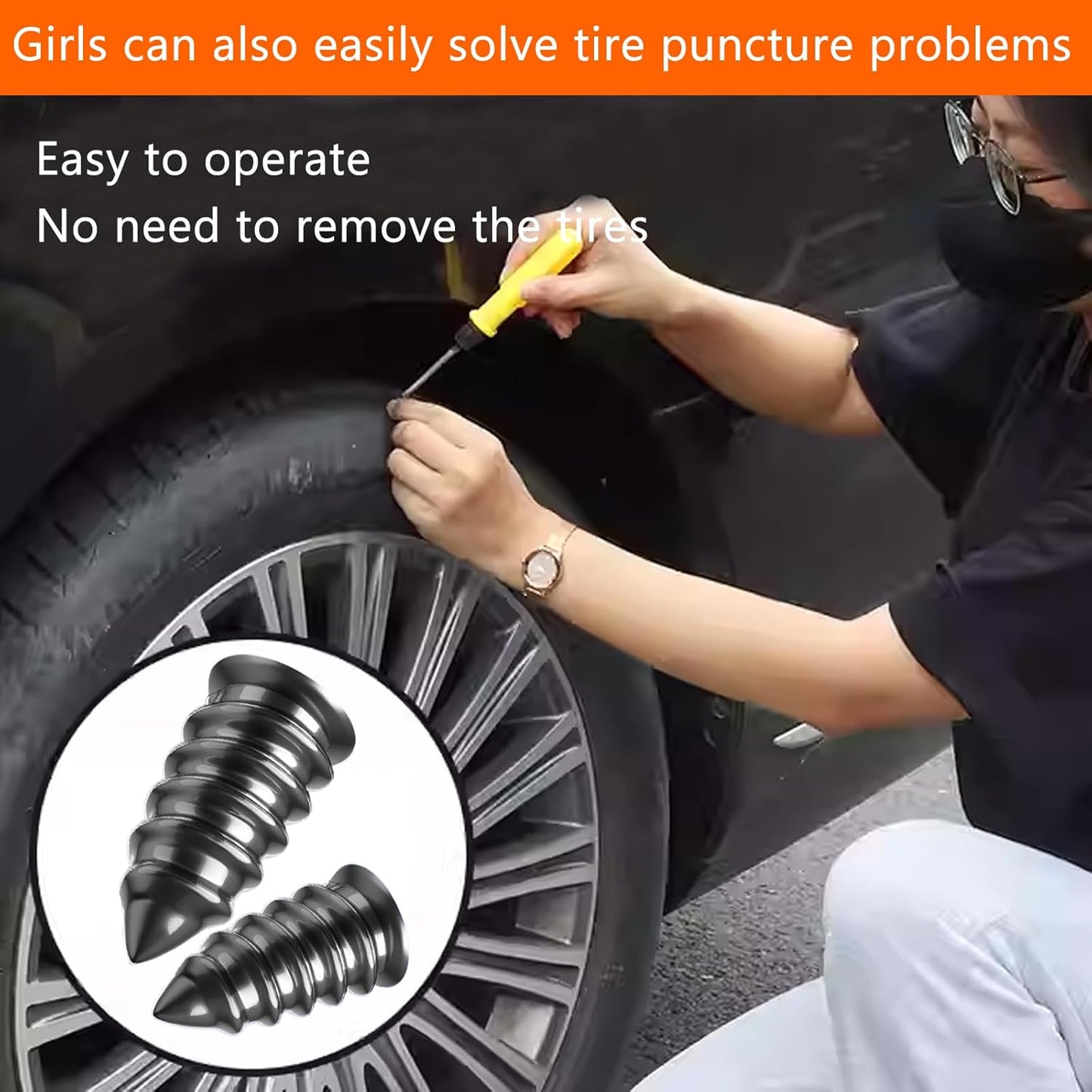 Tire Repair Kit, Tire Plug Kit, No Need to Remove Tire, Quick Flat Tire Repair Tool with Plug Screws, Portable Kit for Cars, Trucks, Motorcycles & SUVs