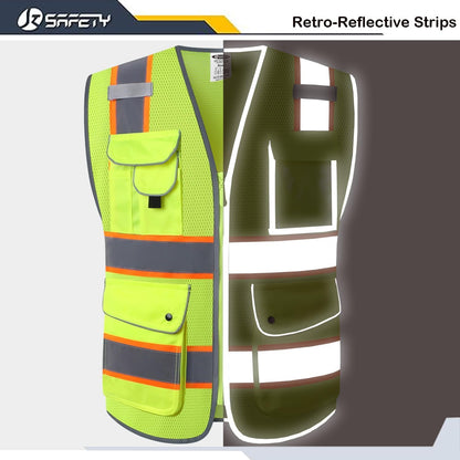 JKSafety 9 Pockets Class 2 High Visibility Zipper Front Safety Vest With Reflective Strips,Meets ANSI/ISEA Standard (Large, 150-Yellow) - Colors A