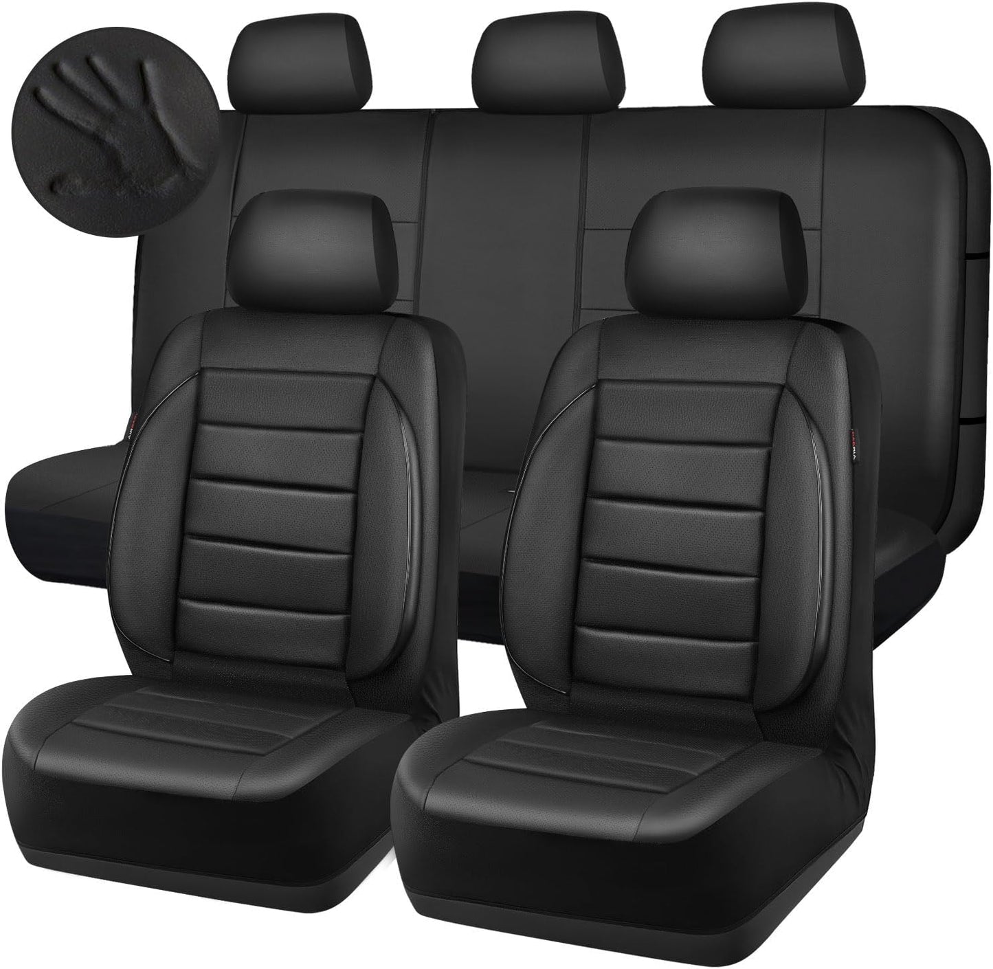 CAR PASS Leather Seat Covers Full Set Universal Water Resistant 3D Foam Back Support, Luxury Comfort Automotive 5 Seat Covers All Season Fit for SUV,Sedan,Van, Airbag Compatible Elegance(Pure Black)