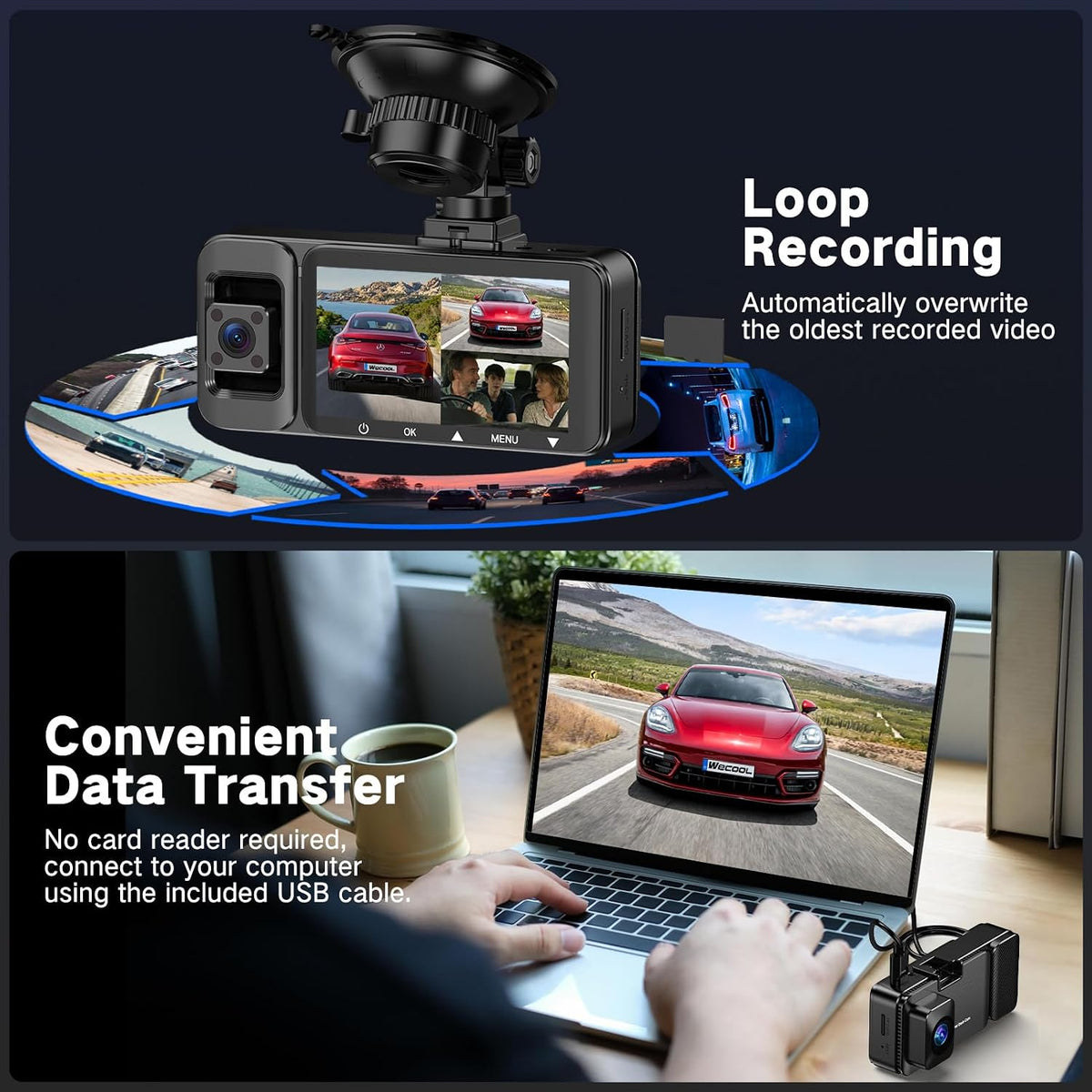 WECOOL 4K UHD 3 Channel Dash Cam Front and Rear Inside, Free 64GB Card Included, 360° Wide-Angle Full-View Dash Camera for Cars with Night Vision, 24H Parking Mode, G-Sensor, Loop Recording, 5GHz WiFi