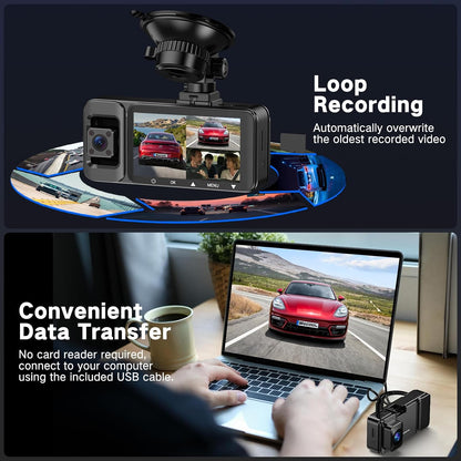 WECOOL 4K UHD 3 Channel Dash Cam Front and Rear Inside, Free 64GB Card Included, 360° Wide-Angle Full-View Dash Camera for Cars with Night Vision, 24H Parking Mode, G-Sensor, Loop Recording, 5GHz WiFi