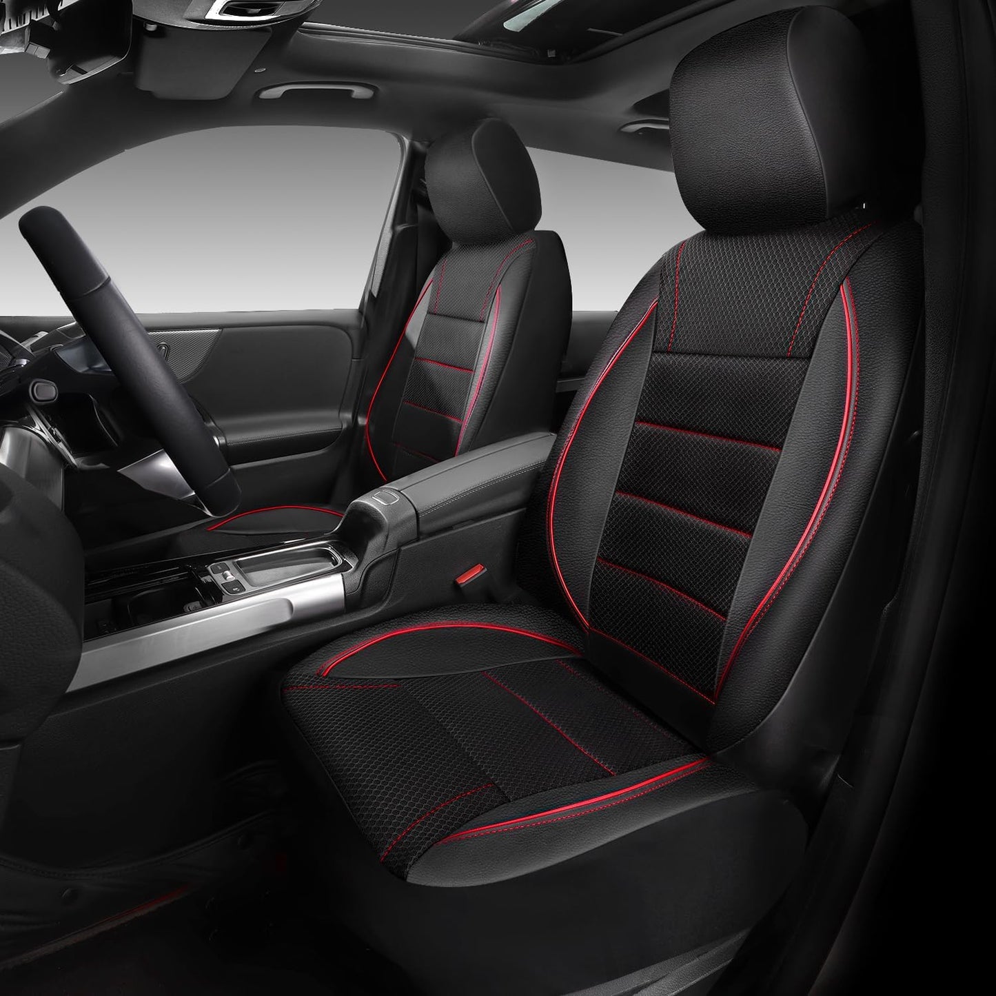 CAR PASS Universal FIT Piping Leather Two Front Seat Covers, Waterproof Faux Leather for SUV Sedan Van Truck, Airbag Compatible,Reserved Opening Holes for Headrest Covers. (Black red)