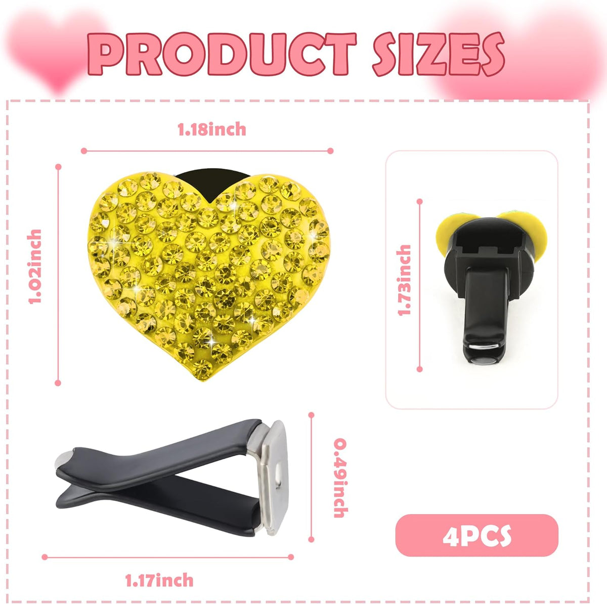 4PCS Heart-Shaped Car Vent Clips with Rhinestone,Bling Air Vent Clips Car Decorations,Premium Shiny Car Clips for Vents CCar Accessories Interior for Cars,Trucks,SUVs (Pink)