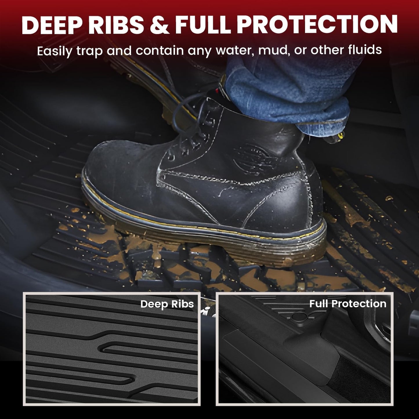 LASFIT Floor Mats for Ford F-150 2021-2026 | F150 Lightning 2022-2025 SuperCrew (Rear w/Fold Flat Storage) Carpet Floor All Weather Car Liners TPE Truck Mats - 1st and 2nd Row, 3pcs Black
