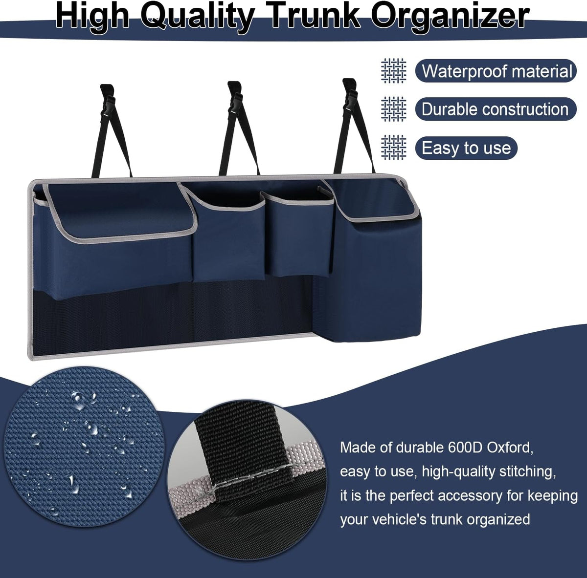 UYYE Trunk Hanging Organizer, Backseat Bag, Car Interior Accessories with 4 Pockets & 2 Mesh Pouches for Groceries, Will Provide More Storage Trunk Space for SUV, Jeep, MPVs