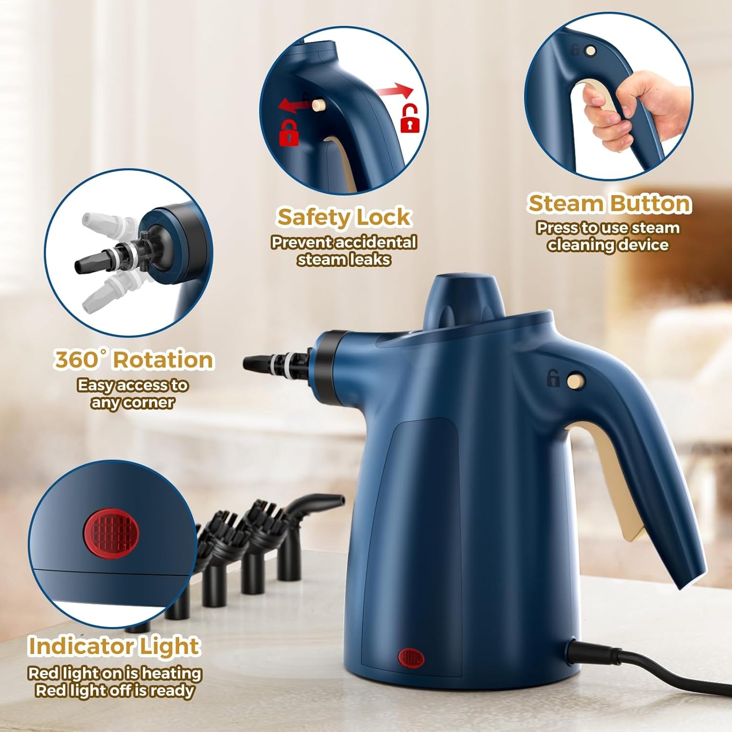 Handheld Steam Cleaner, 230°F Pressurized Steamer with No Water Spitting & Continuous Steam, 350ML Chemical-Free Deep Cleaning for Grease & Grime, 12 Accessories for Grout, Bathroom, Kitchen & Car