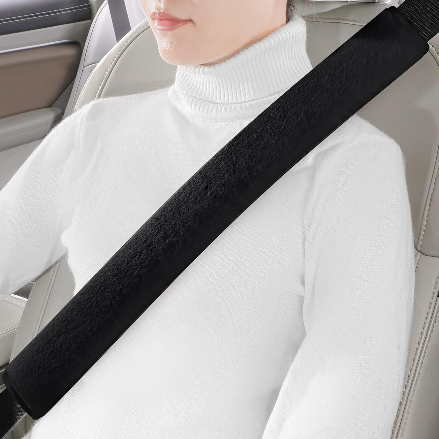 LACDL Extra Long Seatbelt Cover Super Soft Furry for Adults Kids Women & Men, Thick Plush Full Car Seat Belt Strap Cushion, Fluffy Shoulder Pad Protector, Auto Interior Accessories, 1pc, Black, 15.5in