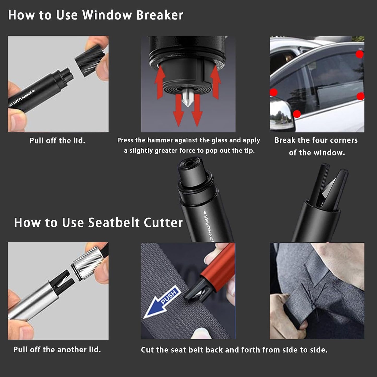 4 Pack 2026 Upgraded Safety Hammer,Safe Hammer Glass Breaker Under Water,Seatbelt Cutter Window Breaker Emergency Escape Tool,Seat Belt Cutter and Glass Breaker for Cars