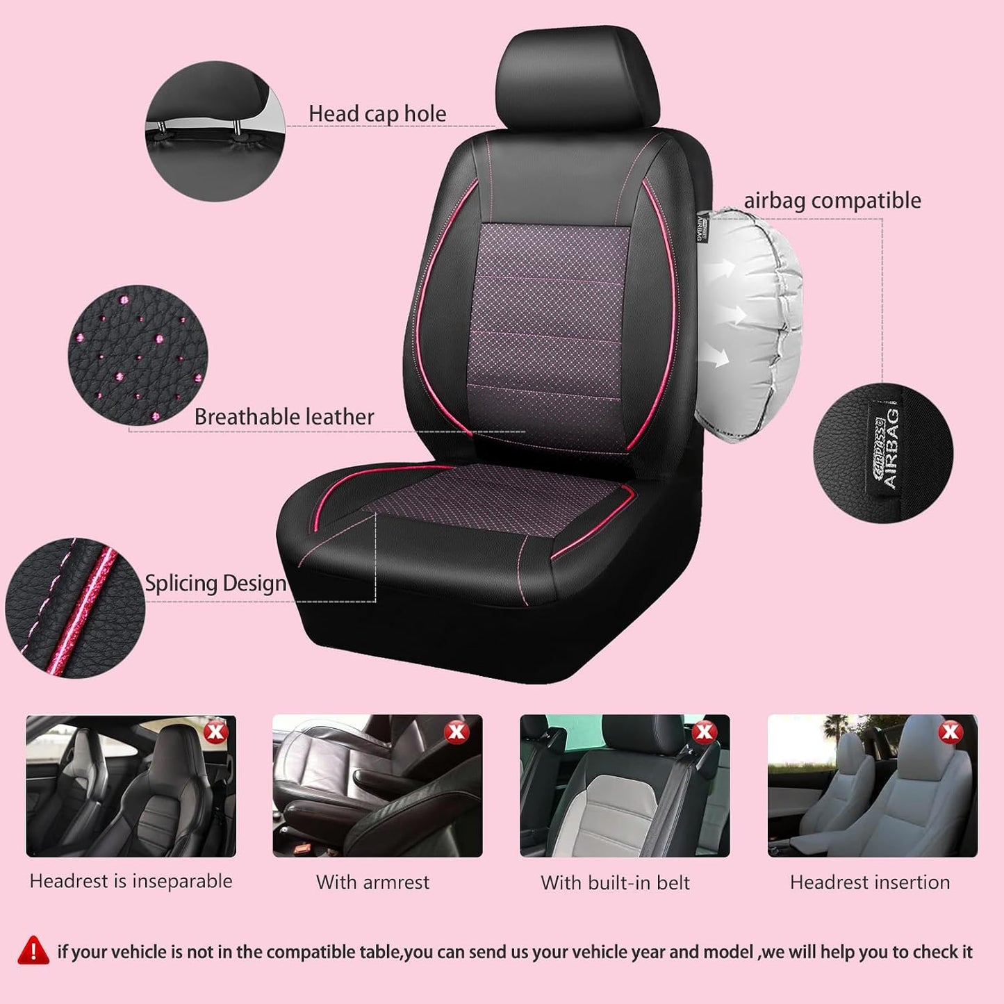 CAR PASS Universal FIT Piping Leather Two Front Seat Covers, Waterproof Faux Leather for SUV Sedan Van Truck, Airbag Compatible,Reserved Opening Holes for Headrest Covers. (Black red)