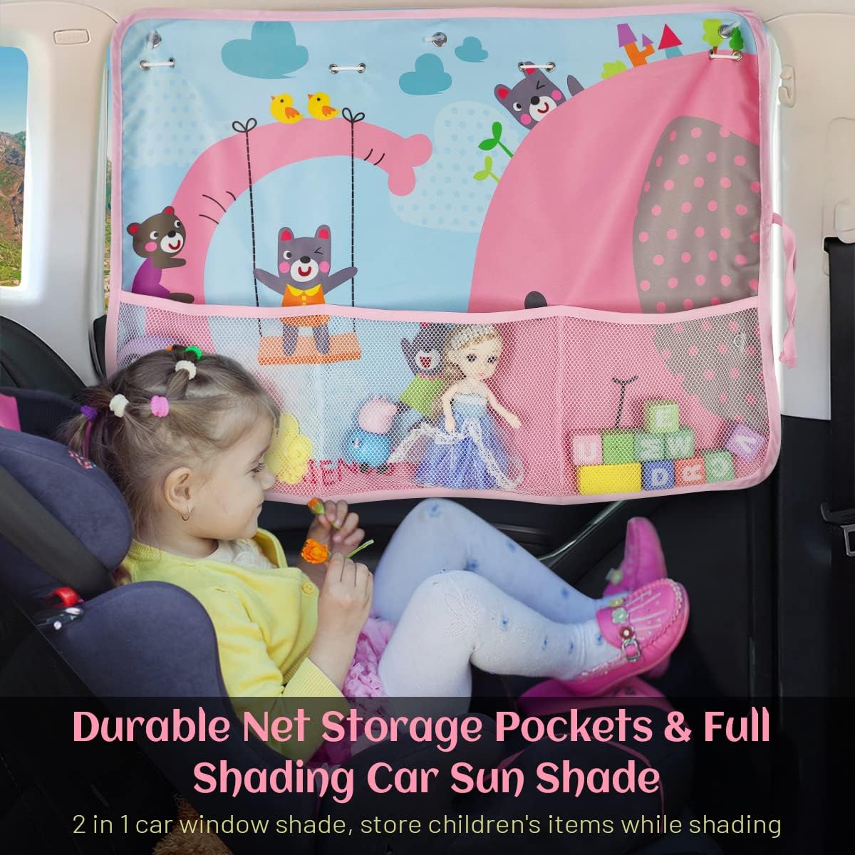 Car Sun Shade Side Window, 2 Pcs Blackout Car Window Shade for Baby Privacy with Storage Net Pockets Auto Curtains 7 Suction Cups for Heat/UV Protection Sun Block Covers