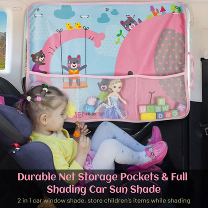 Car Sun Shade Side Window, 2 Pcs Blackout Car Window Shade for Baby Privacy with Storage Net Pockets Auto Curtains 7 Suction Cups for Heat/UV Protection Sun Block Covers