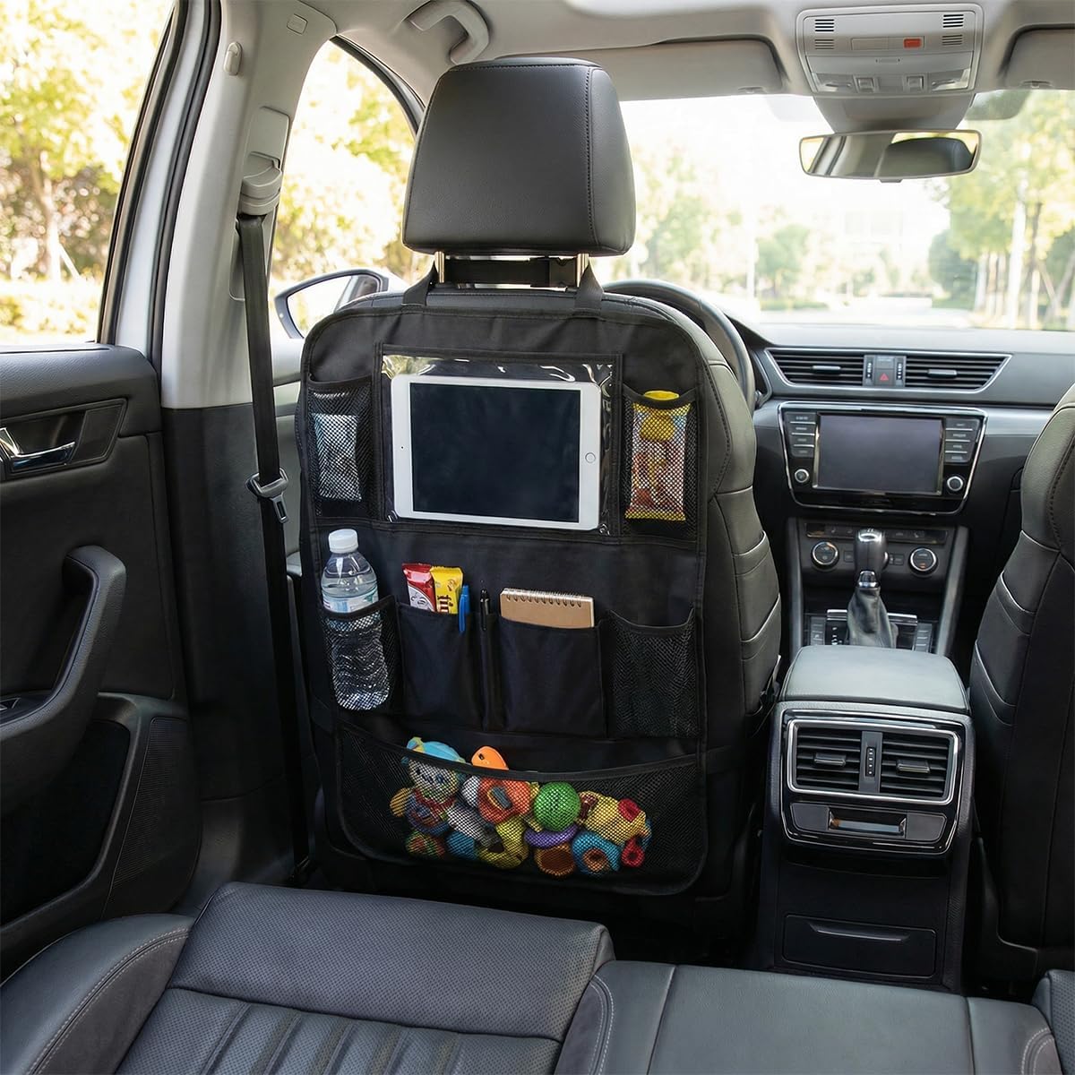 Craedli Car Backseat Organizer, Oxford Cloth Auto Seat Kick Mats with Clear Tablet Holder & 9 Pockets, Waterproof Back Seat Protector, Universal Car Road Trip Storage Essential (1PC)