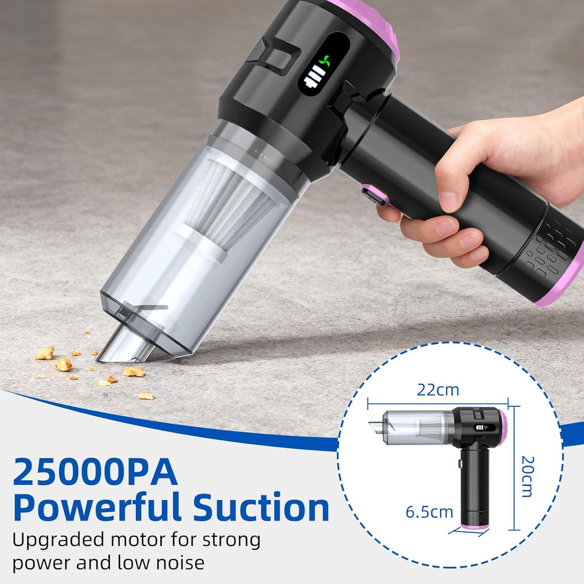 Sycoodeal Handheld Car Vacuum Cleaner, 25000PA Strong Cyclonic Suction Portable Mini Vacuum Cordless with Digital Display Lightweight Handheld for Pet Hair, Car, Home, Office, Kitchen(Silver)