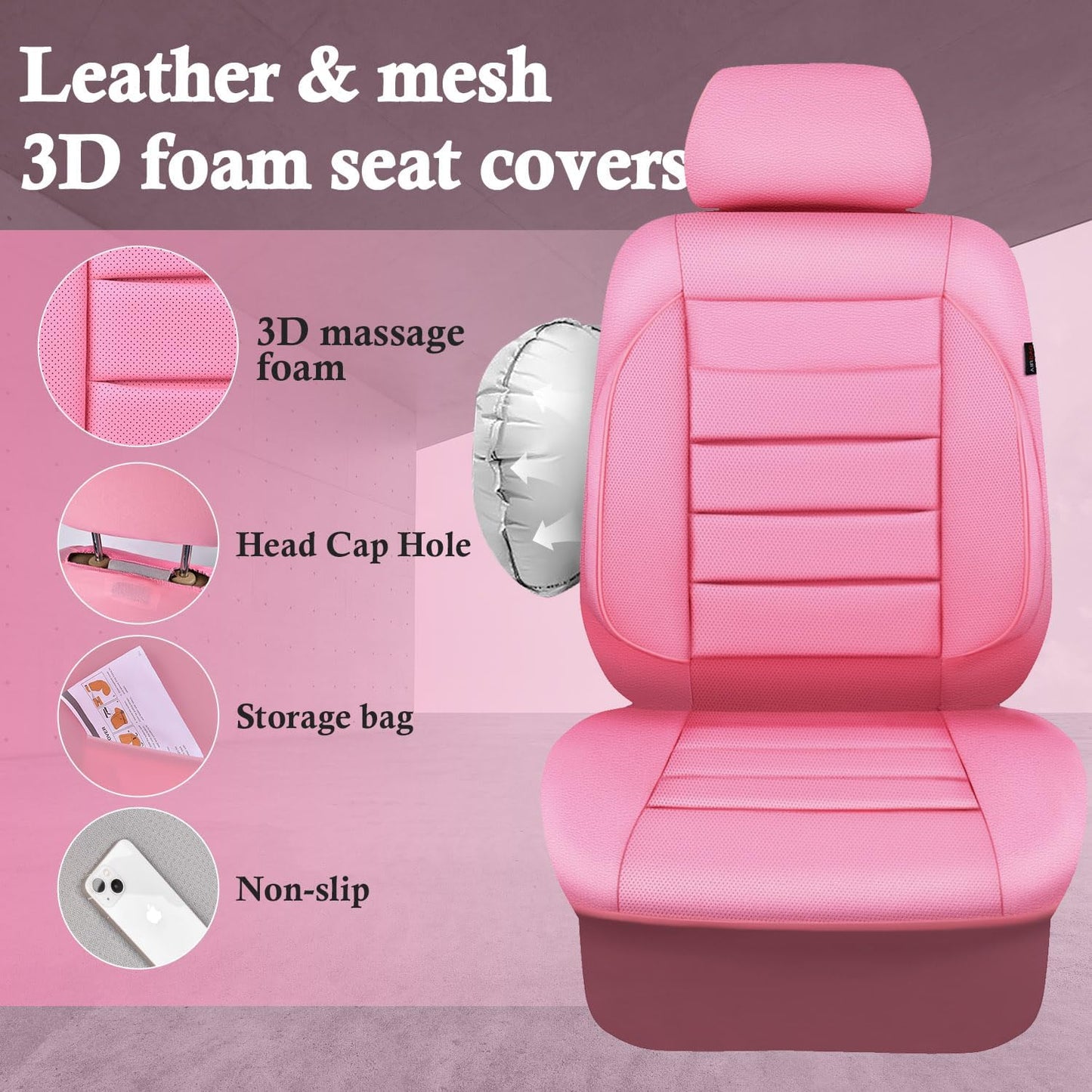 CAR PASS Leather Seat Covers Full Set Universal Water Resistant 3D Foam Back Support, Luxury Comfort Automotive 5 Seat Covers All Season Fit for SUV,Sedan,Van, Airbag Compatible Elegance(Pure Black)