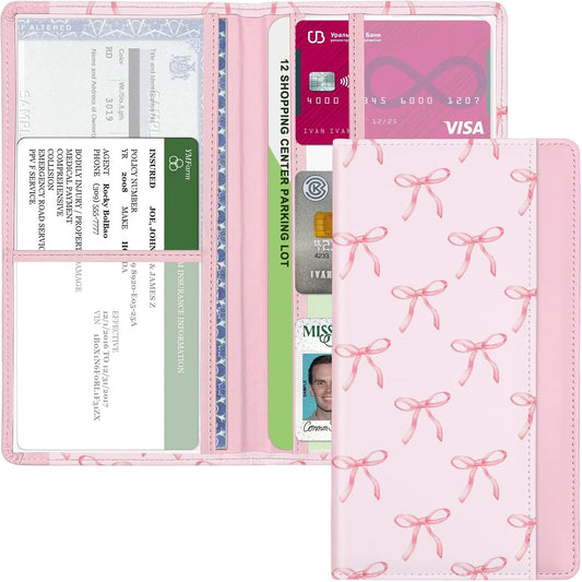 Car Registration and Insurance Holder, Auto Truck Document Holder with Magnetic Shut, Vehicle Glove Box Car Organizer, Interior Car Accessories for Women Men (Bow)