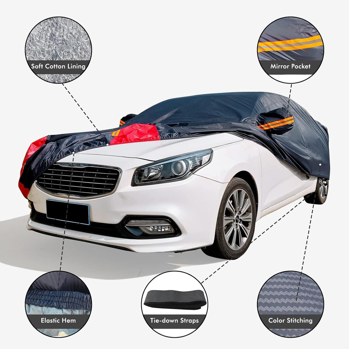 Car Cover Waterproof All Weather for Automobiles, 6 Layers Outdoor Full Exterior Cover Rain Sun UV Snowproof Protection with Zipper Cotton, Mirror Pocket for Sedan (190-195 inch)