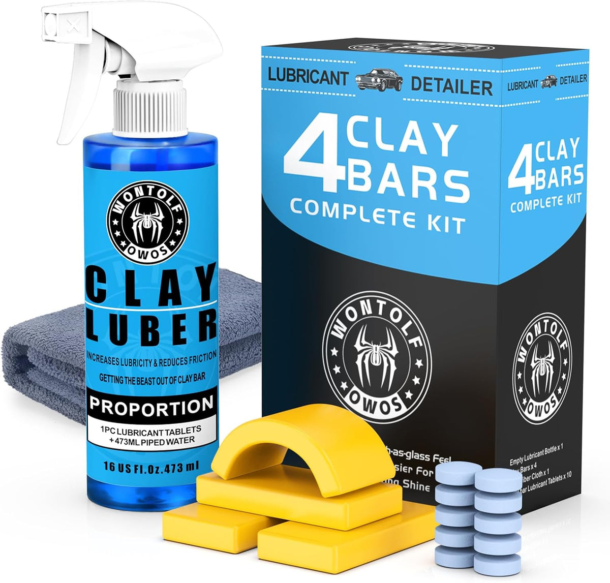 Wontolf Clay Bar Kit, Complete Clay Bars Auto Detailing Clay Luber Lubricant Car Wash Kit, Premium Grade 4 Clay Bars, Lubricant Tablets 10 Pack, Car Detailing Kit for Detailing Cleaning