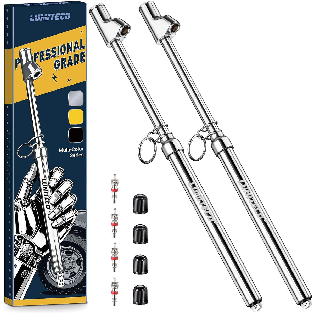 LUMITECO 2-Pack Dual Head Tire Pressure Gauge, Heavy Duty Truck Air Pressure Gauge Range 10-150 PSI, 1-10 Bar w/Valve Cores & Valve Caps, Tire Gauges for Tire Pressure for Semi Truck, RV, Car (Black)