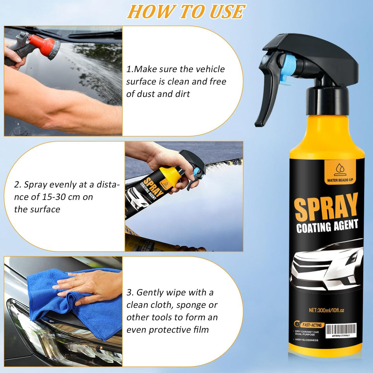 Car Coating Spray Kit, Nano Hydrophobic Ceramic Coating, Easy-to-Spray Auto Paint Protection, Includes Microfiber Cloth for Vehicle Shine & Protection300ml(1sponge+1towel)