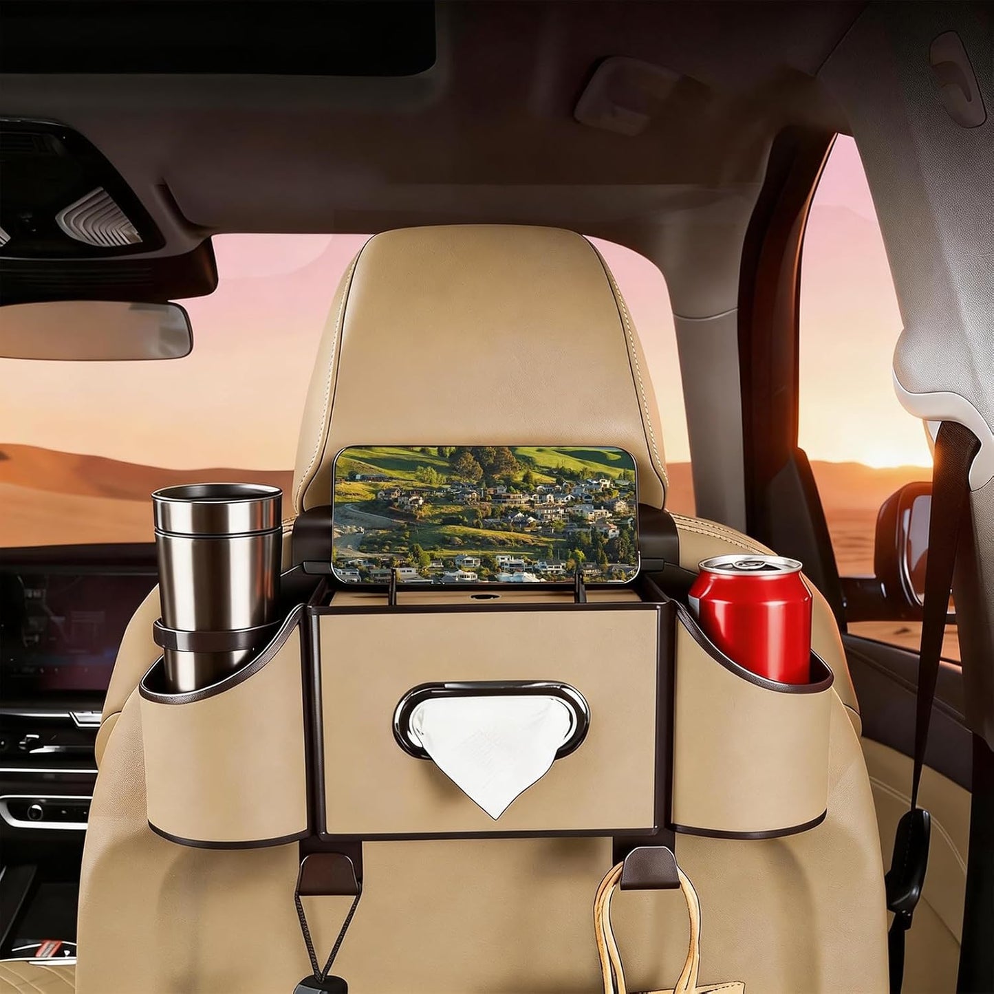 Back Seat Car Organizer,4 in 1 Multifunctional Car Back Seat Storage Box with Drink Cup Holder Tissue Box, for Hold Phone,Snacks, Drinks, Handbag-Black