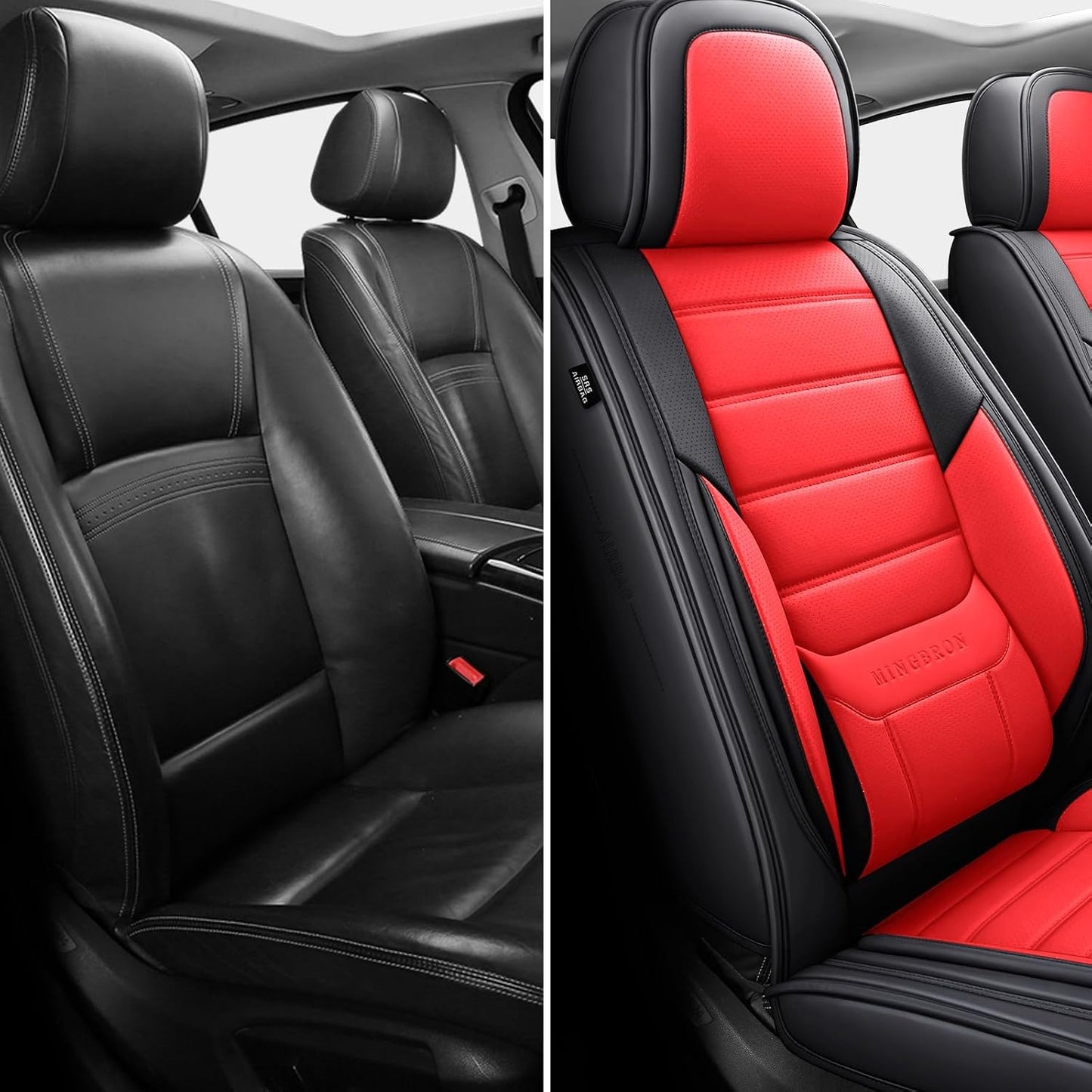 MINGBRON Car Seat Cover Full Set, Leather Car Seat Cover, Waterproof Seat Covers, Car Seat Cushion, Nappa Leather Seat Covers Car Seat Protector Universal Fit Most Cars Black