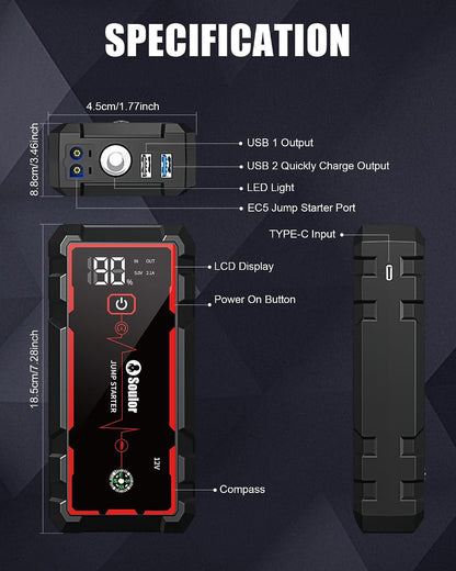 Jump Starter, Battery Jumper Starter Portable, Car Battery Jump Starter with 3 Modes Flashlight, Compass, Power Bank and Jumper Cable