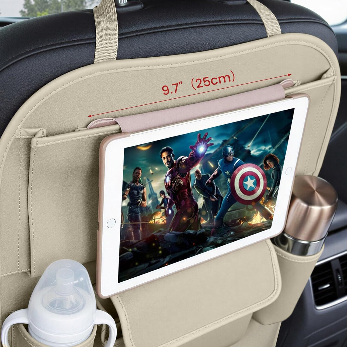 Viaviat Car Seat Organizers Waterproof Backseat Protector with Storage Pocket Large Leather Kick Mats for Kids Pets Automobile SUV Truck (Beige, Large Pocket)