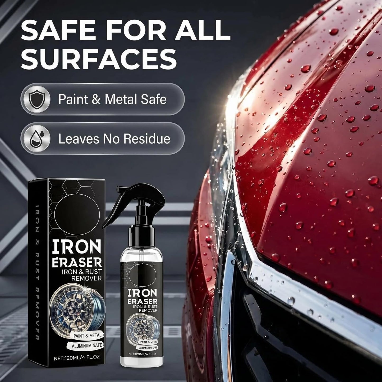 Iron Eraser Rust Remover Spray - 2026 Powerful Car Rust Remover - Fast Acting Rust Iron and Rust Remover - Professional Iron Powder Remover Cleaner for Automotive Wheels Paint Metal Surface (1PC)
