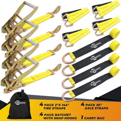 Trekassy 2" x 144" Car Tie Down Straps for Trailers, Heavy Duty Tire Tie Downs for ATV/UTV, 10000lbs Break Strength, Include 4 Axle Straps for Different Uses