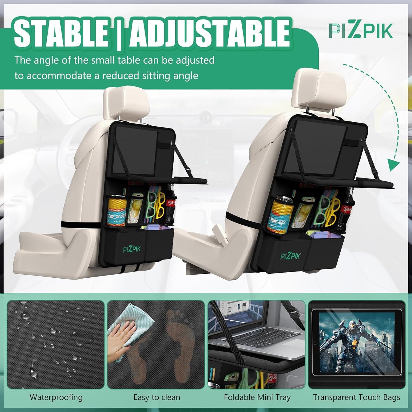 Plzpik Car Backseat Organizer with Tray(2Pack),13 Storage Pockets with Foldable Food Tray, Protector Kick Mats for Kids, Travel Accessories Organizer (Black)