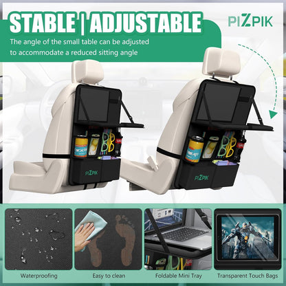 Plzpik Car Backseat Organizer with Tray(2Pack),13 Storage Pockets with Foldable Food Tray, Protector Kick Mats for Kids, Travel Accessories Organizer (Black)