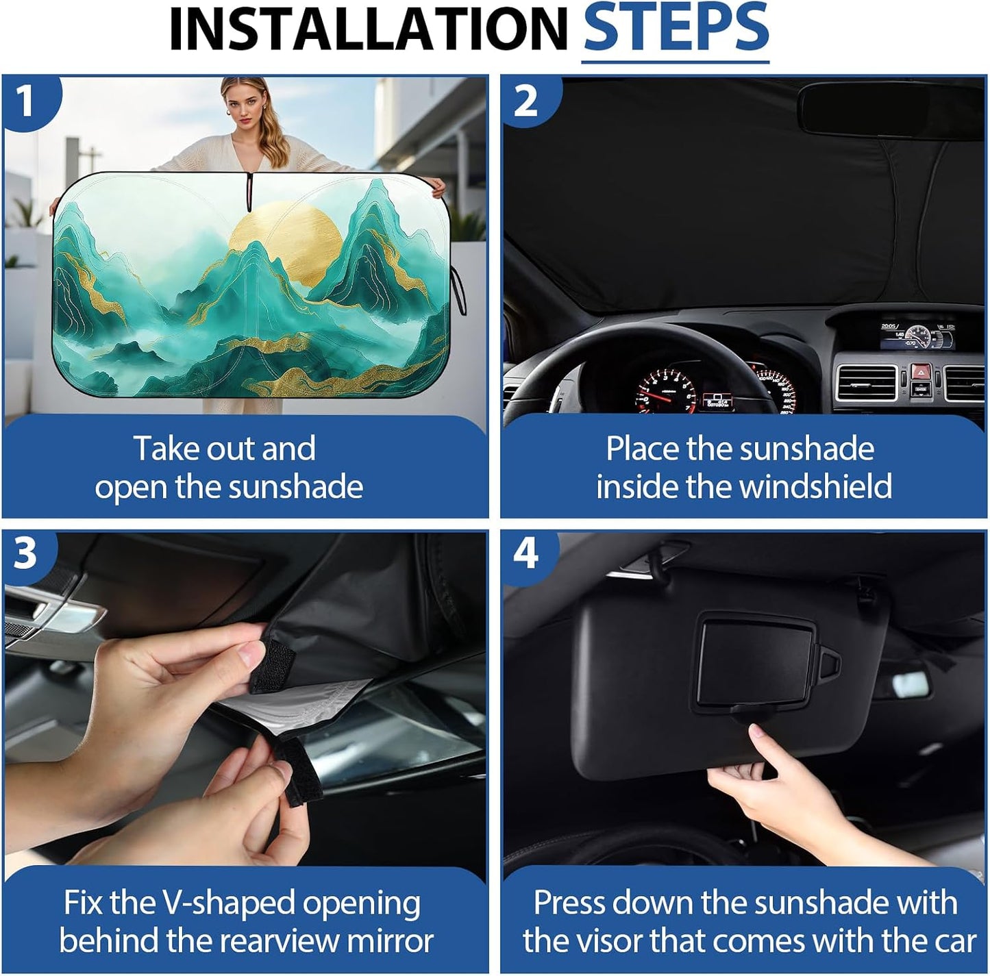 Fauson Car Windshield Sun Shade for Sedans, SUVs & Trucks Reflective UV Block Sunshade Visor Shield Foldable with Storage Bag Blocks Sun Heat to Keep Car Interior Cool, Front Window - L 57 x 32 W