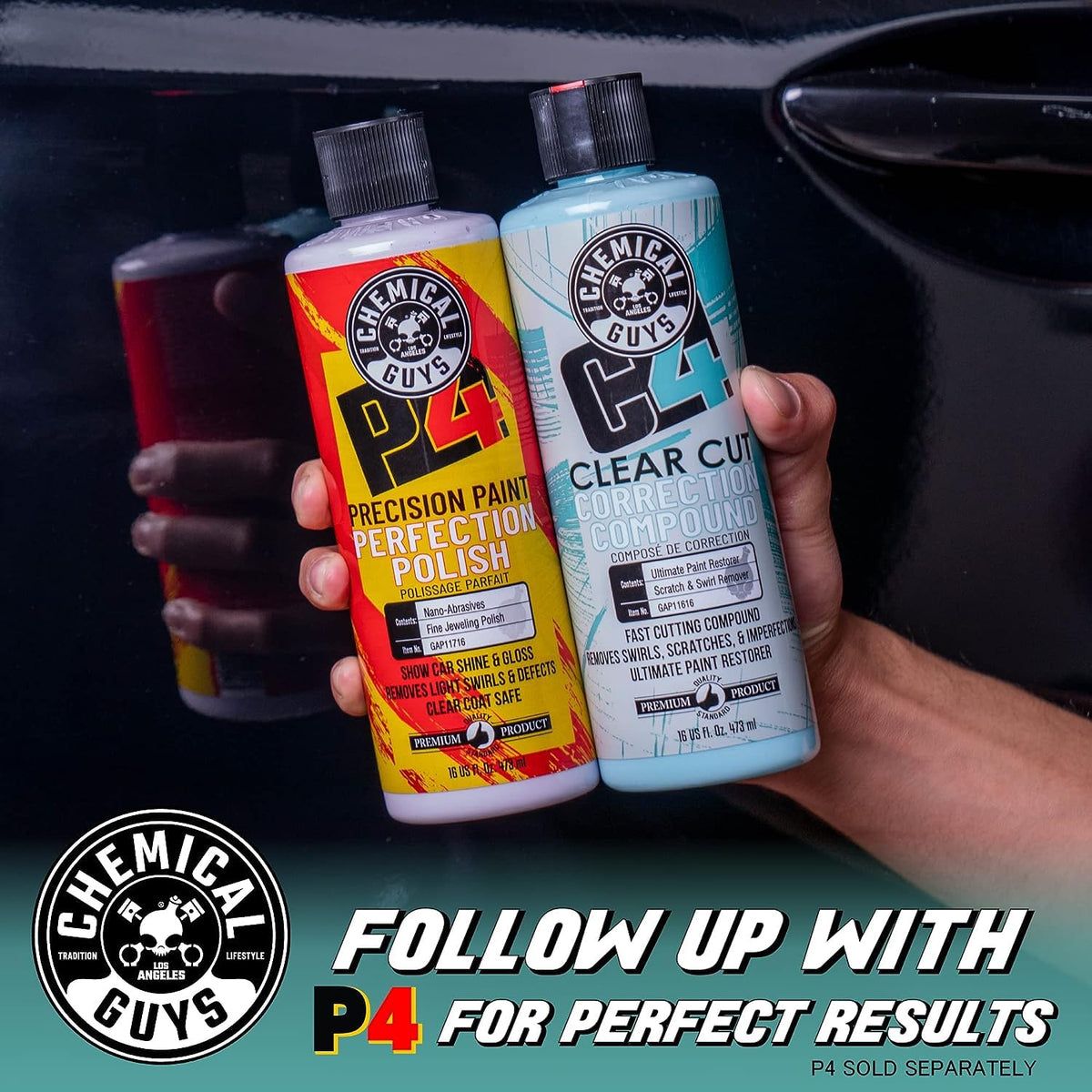 Chemical Guys C4 & P4 Clear Cut Correction Compound and Precision Paint Perfection Polish Combo - Removes Scratches, Swirls, Towel Marks, and Etching, Restores Gloss, Polishing Kit - 2 x 16 oz