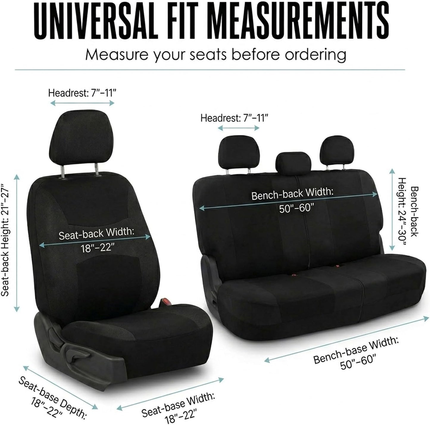 FH Group Full Set Cloth Car Seat Covers, Universal Fit Front and Split Bench Rear, Airbag Compatible, Washable for SUV, Sedan, Van - Black