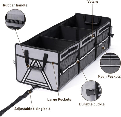 HIRALIY 4 in 1 Car Trunk Storage Organizer with Leakproof Cooler Bag, Multi-Compartment Foldable Trunk Storage Box for Car Truck SUV Black