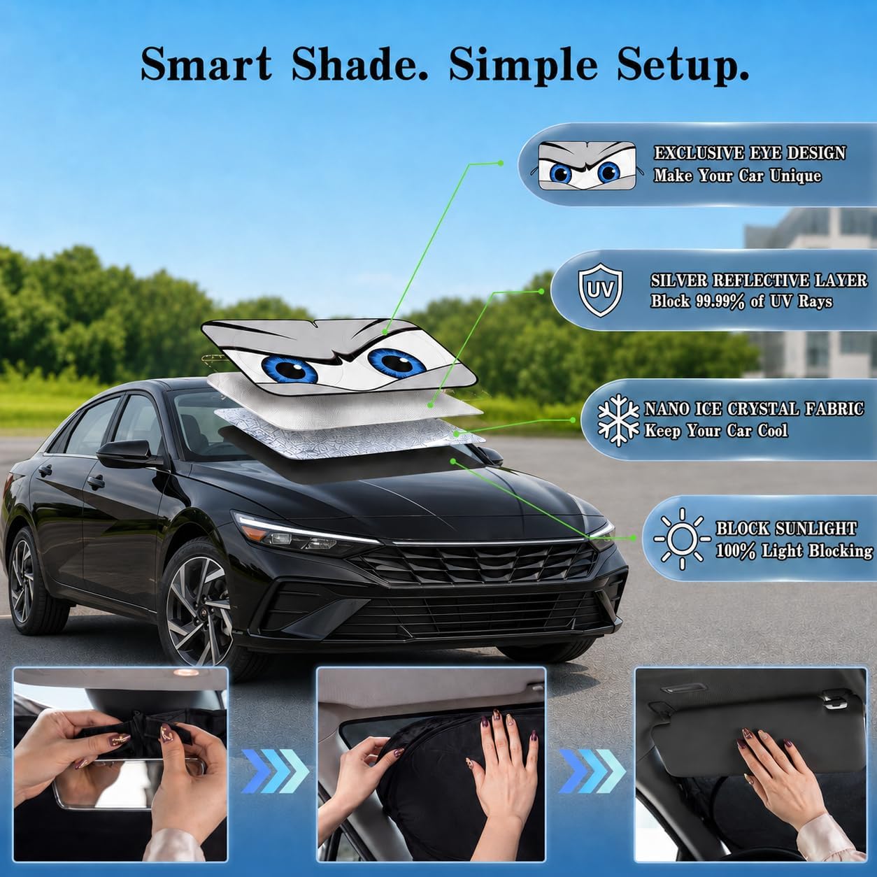 Car Windshield Sun Shade, Funny Cartoon Eyes Sun Visor for Car Windshield Universal Fits Sedan Compact Car Hatchback SUV, UV Heat Protection - 59 x 27.5