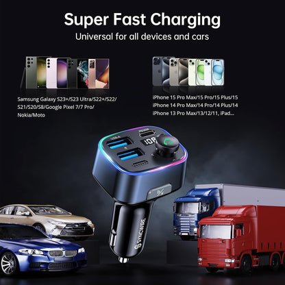 Syncwire Bluetooth 5.4 FM Transmitter Car Adapter 48W (PD 36W & 12W) [Light Switch] [HiFi Bass Sound] [Fast Charging] Wireless Radio Music Adapter LED Display Hands-Free Calling Support USB Drive