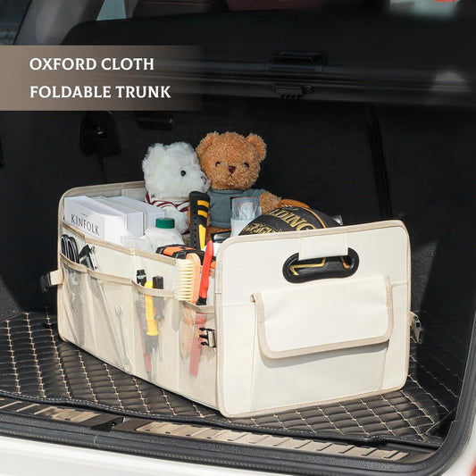 JiatuA Car Trunk Organizer, Car Organizers and Storage Collapsible Multi Compartment Container Box, Adjustable Car Accessories for SUV Sedan Truck, Standard Size, Beige