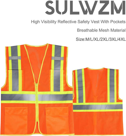High Visibility Reflective Safety Vest with Zipper and Pockets Orange,M